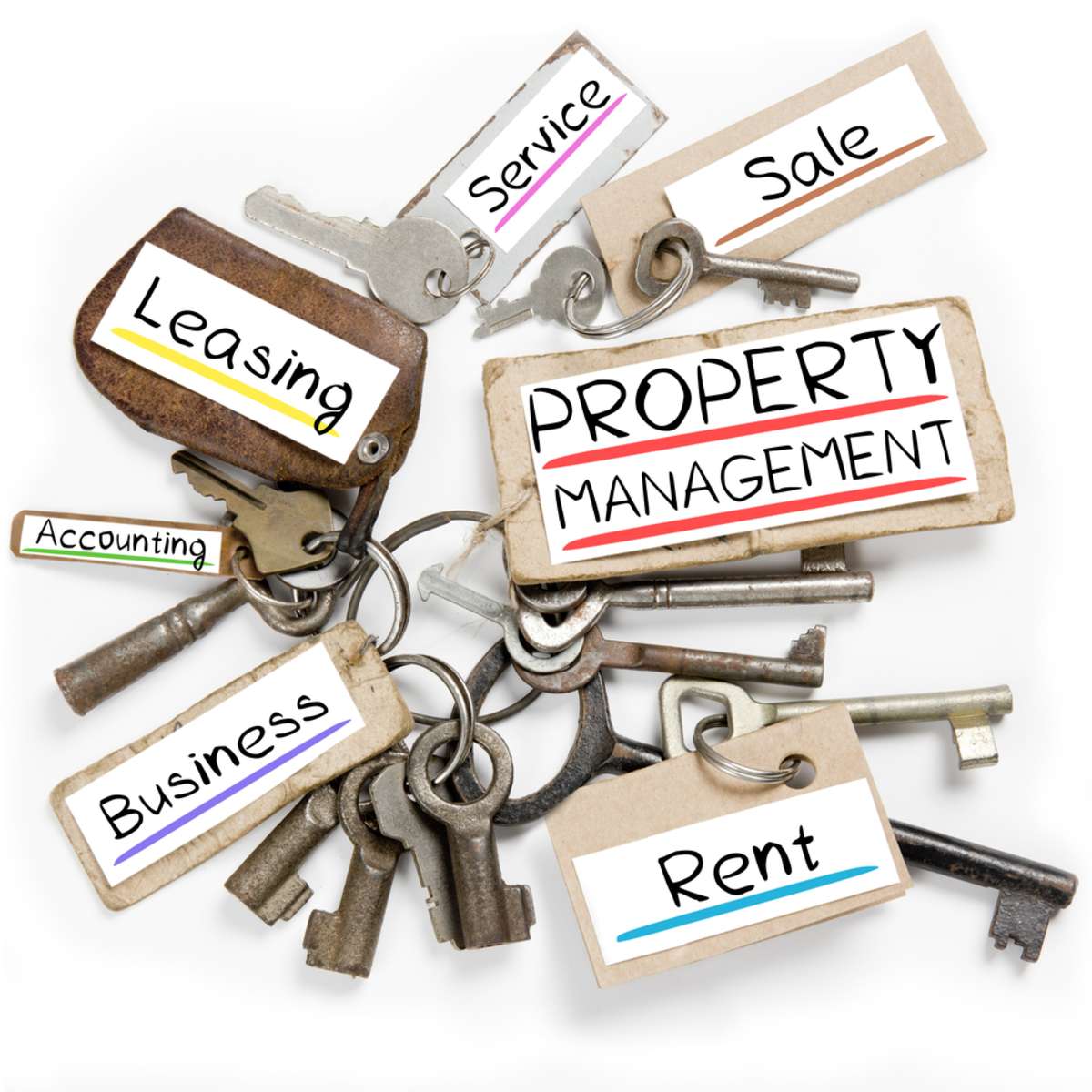 Photo of key bunch and paper tags with property management conceptual words